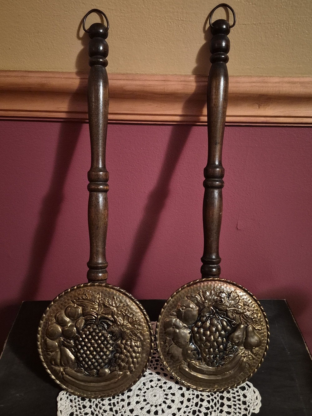 Decorative Brass Fruit Motif Wall Hangings with Wooden Handles - Pair